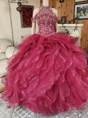 Leonia Lee Burgundy Beaded Ball Gown - Size S